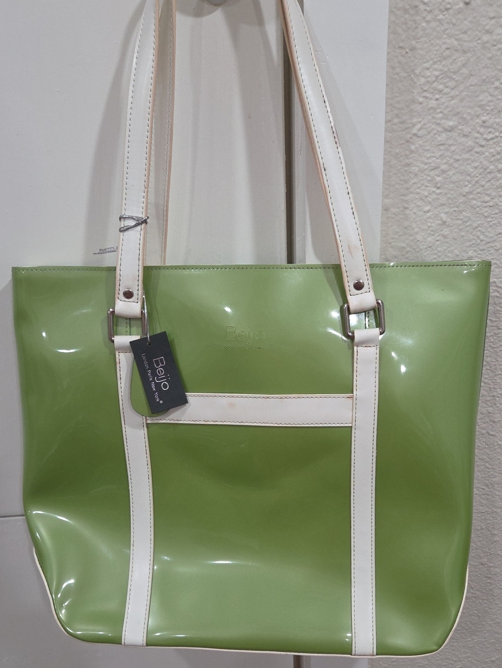 Beijo Lime Green Patent Tote with White Trim